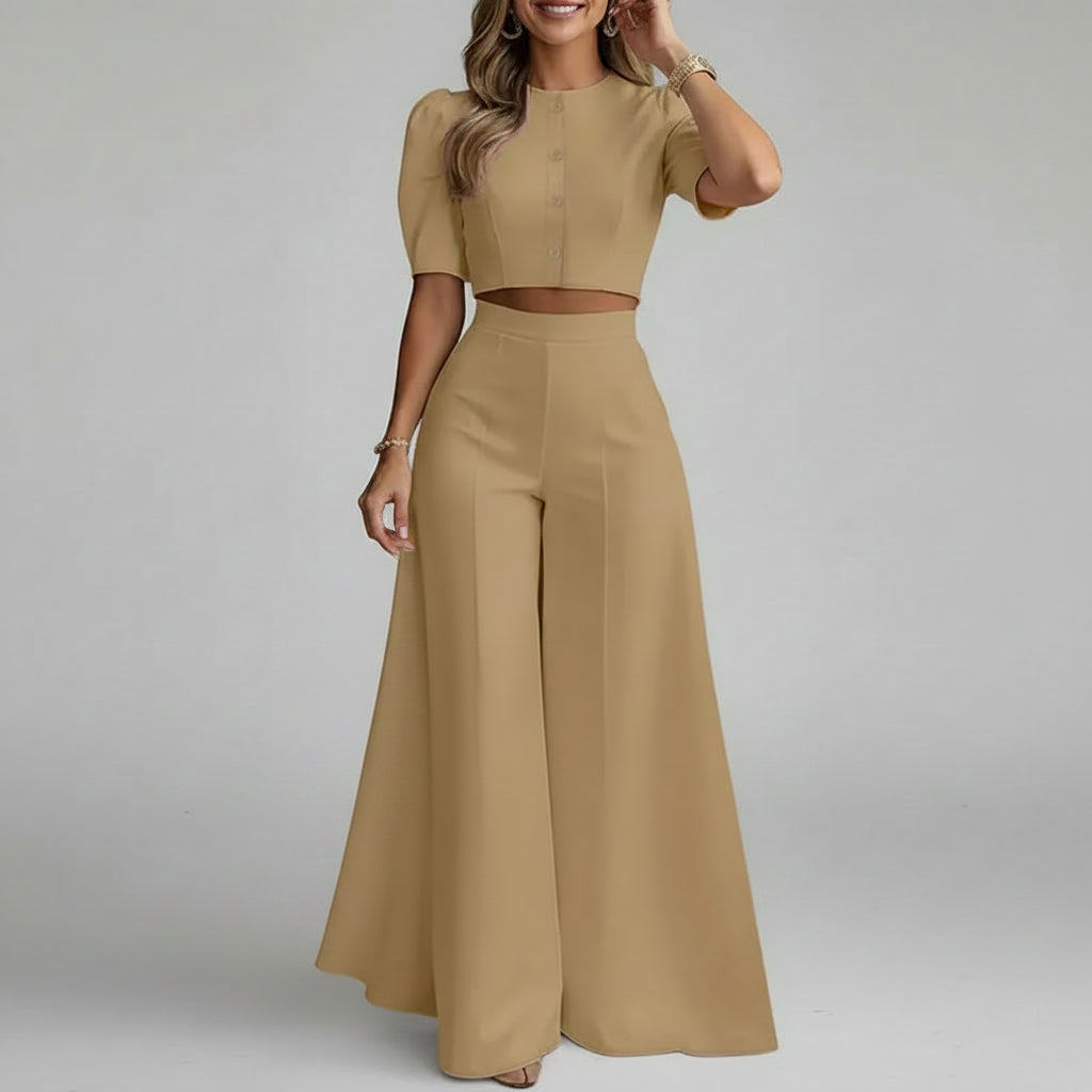Ensemble 2 Pièces Crop Top Manches Bouffantes & Pantalon Large Taille Haute