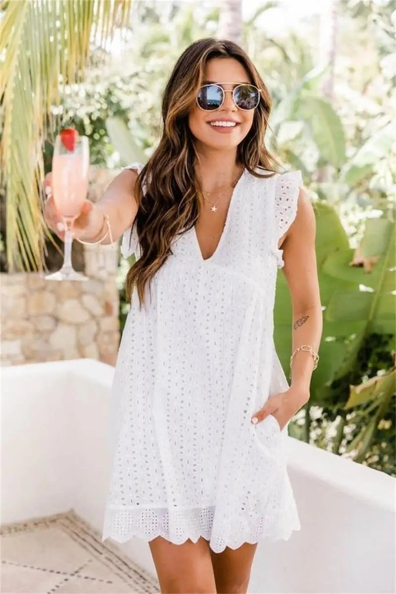 ROBE EN DENTELLE COL V MANCHES COURTES ( S - XXXL )