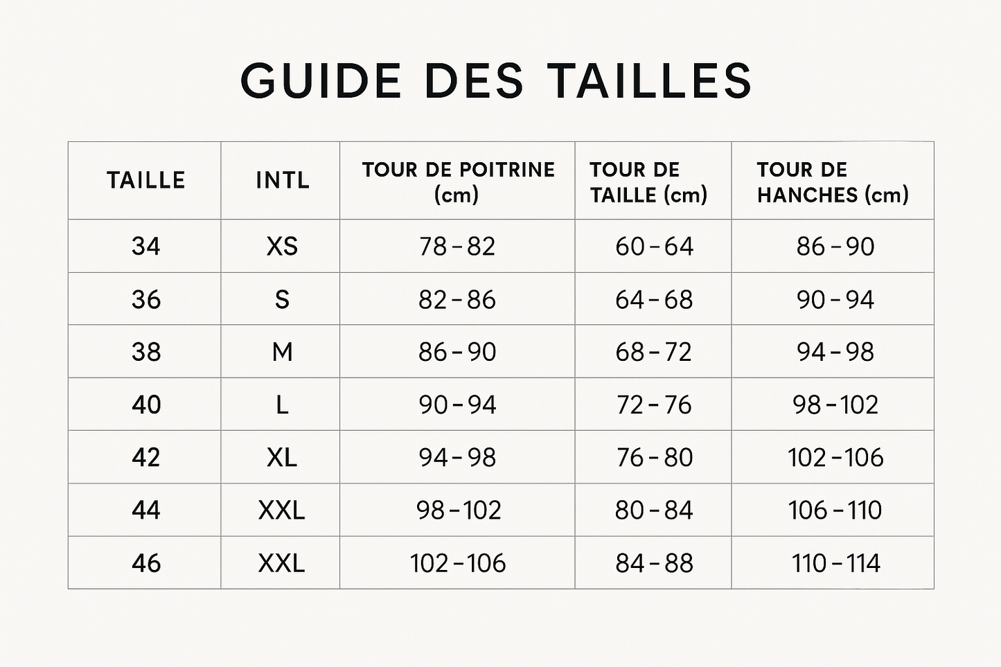 tableau de guide des tailles en français