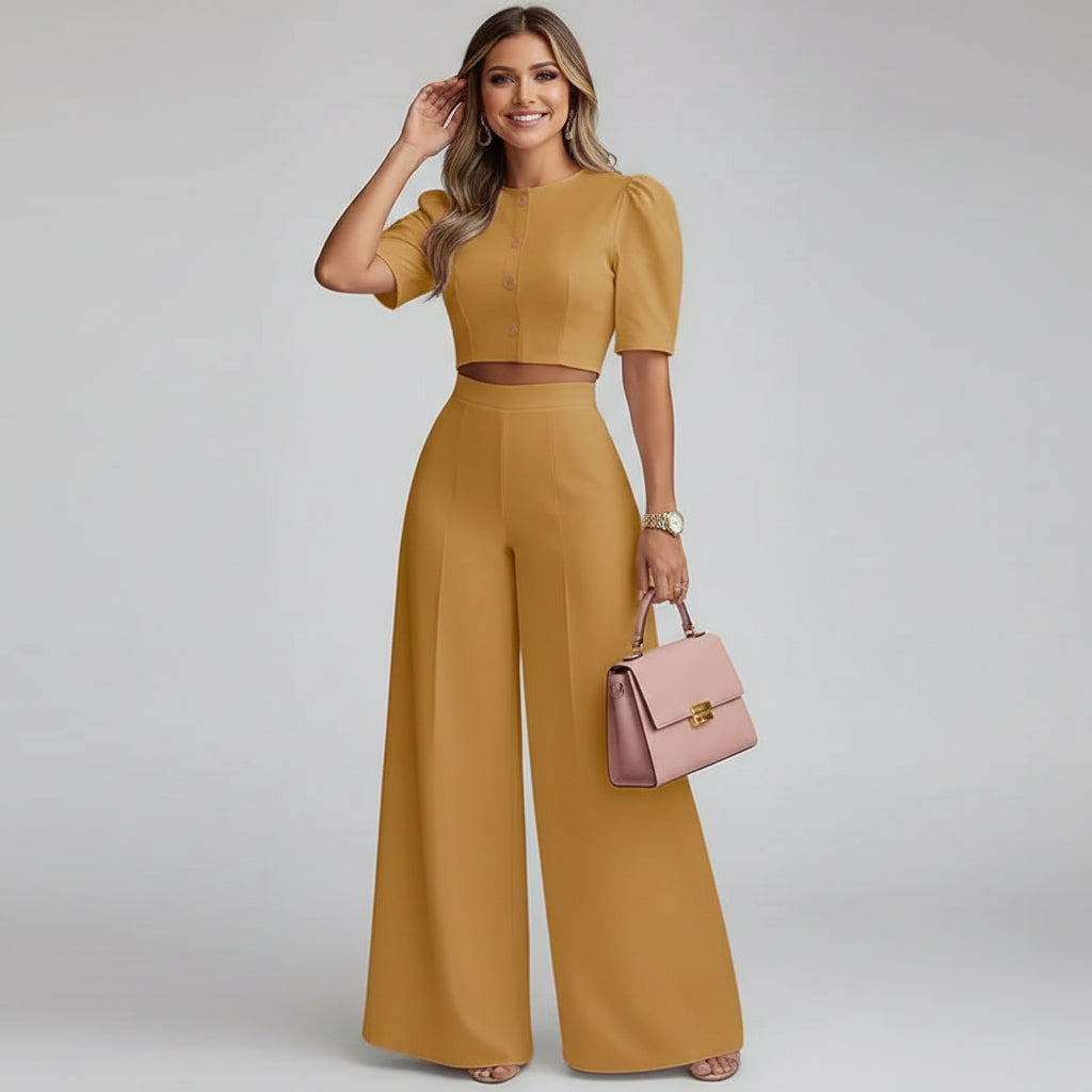 Ensemble 2 Pièces Crop Top Manches Bouffantes & Pantalon Large Taille Haute