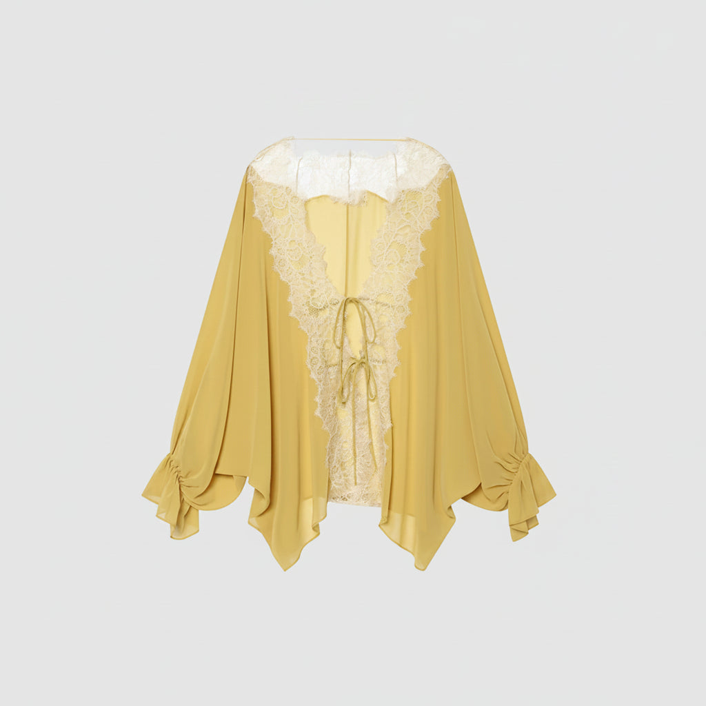 Chemisier Dentelle Manches Lanterne - Top Transparent Ample Style Urbain