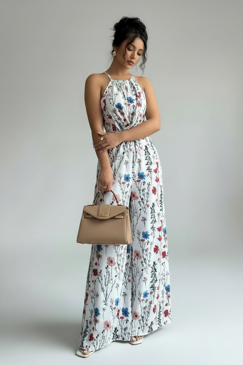 Combinaison Pantalon Imprimé Floral – Nœud à la Taille