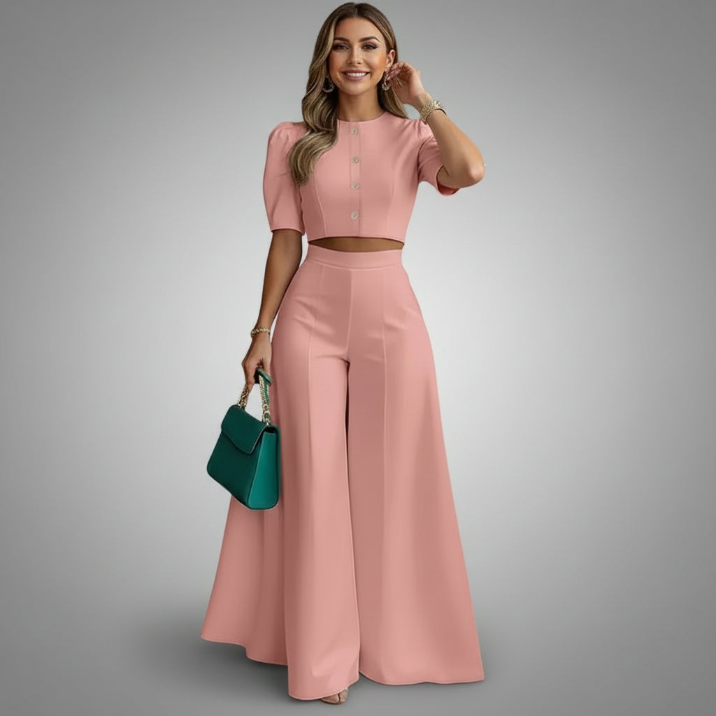 Ensemble 2 Pièces Crop Top Manches Bouffantes & Pantalon Large Taille Haute