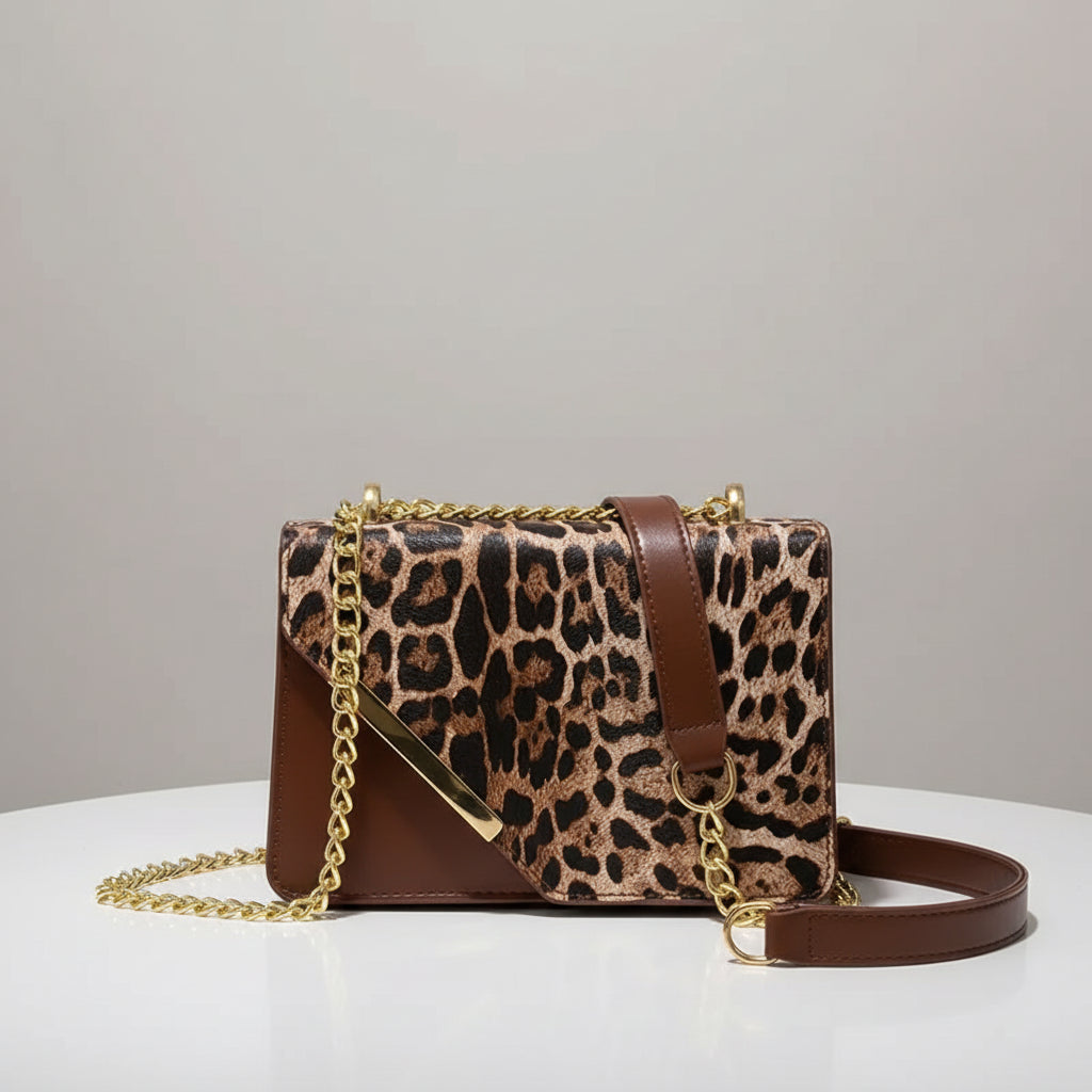 Sac à bandoulière imprimé léopard, sangle fixe, multi compartiments