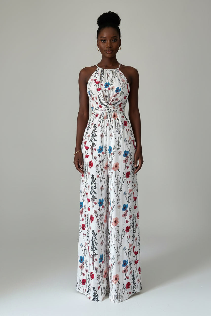 Combinaison Pantalon Imprimé Floral – Nœud à la Taille