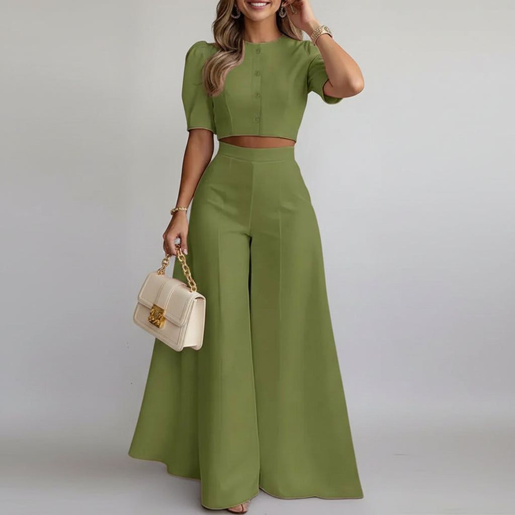 Ensemble 2 Pièces Crop Top Manches Bouffantes & Pantalon Large Taille Haute