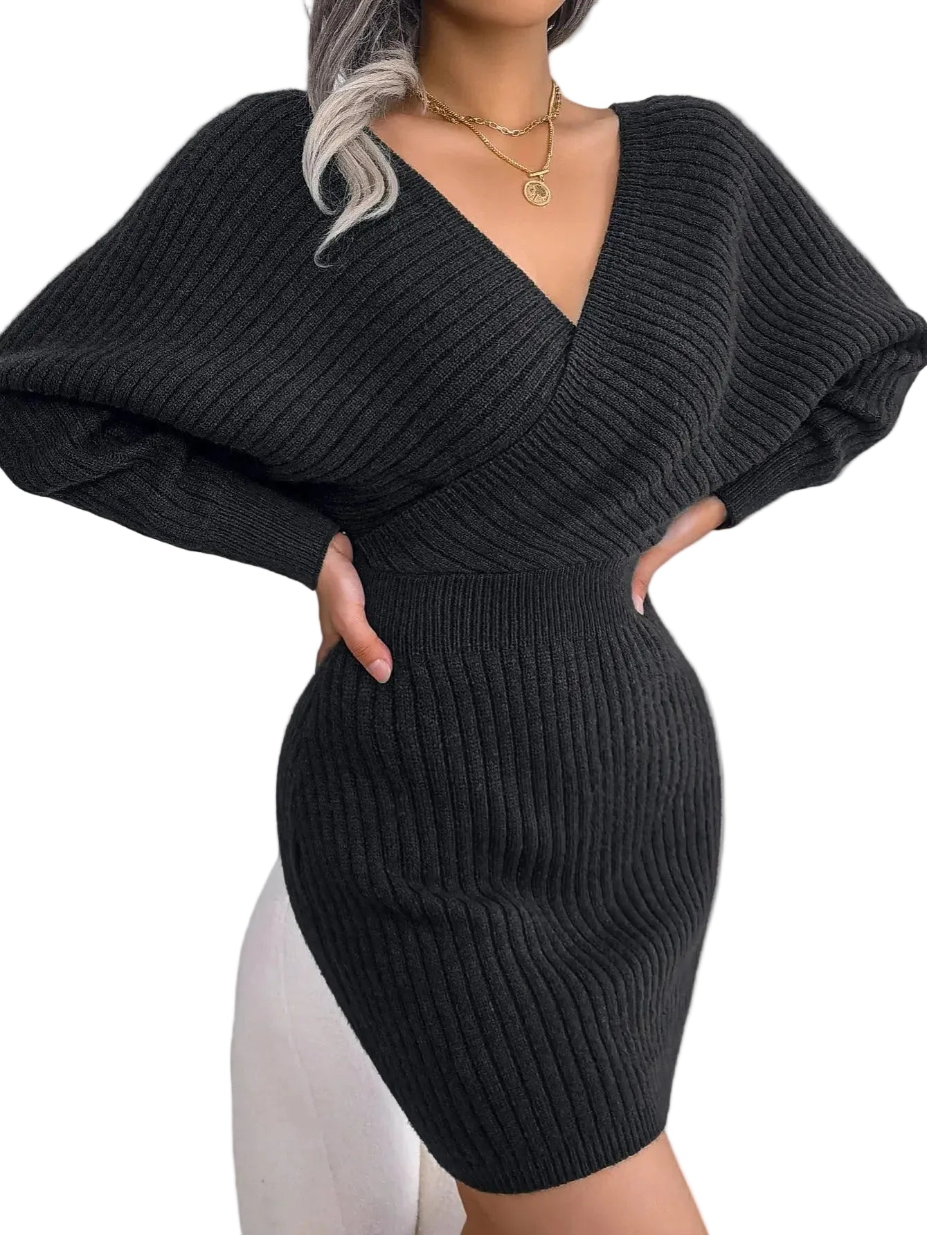 Robe Pull Croisée – Décolleté V & Manches Chauve‑Souris